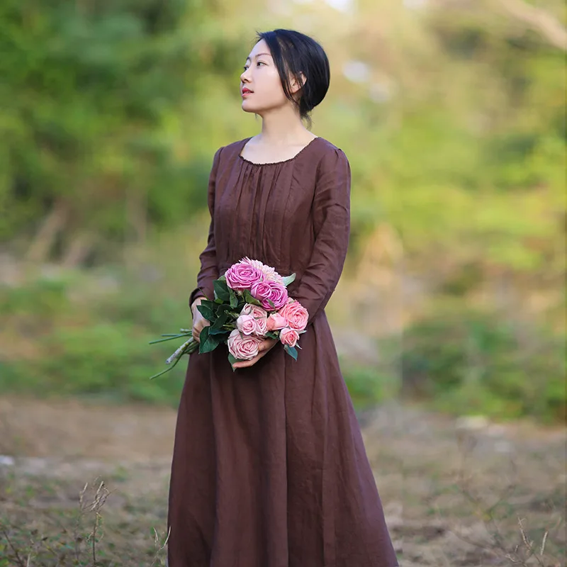 Women Medieval Victorian Retro Dress Square Collar Long Sleeves High Waist French Apparel Brown Temperament Long Dress S-3XL