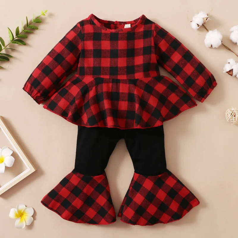 1 to 5 Years Christmas Baby Girl Pant Sets Sweet Plaid Long Sleeve Round Collar Flouncing Hem Tops + Bell-bottomed Pants