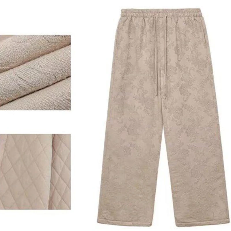 

High end jacquard and cotton wide leg pants for women winter new Chinese style elastic waistband tied cotton pants