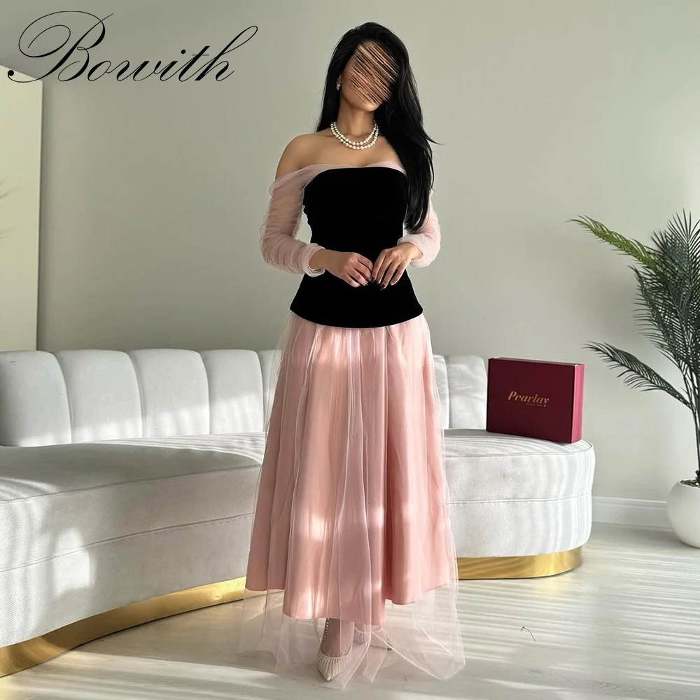 

Bowith Contrast Color Evening Dresses Off the Shoulder Long Sleeves Prom Gown A-line Strapless Party Dresses vestidos de fiesta