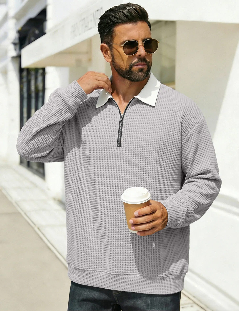 Obrázek 6: Pánské button-down half-zip oplatek s dlouhým rukávem košile, volné color-matched ležérní mikina, denně dojíždění s dlouhým rukávem tričko