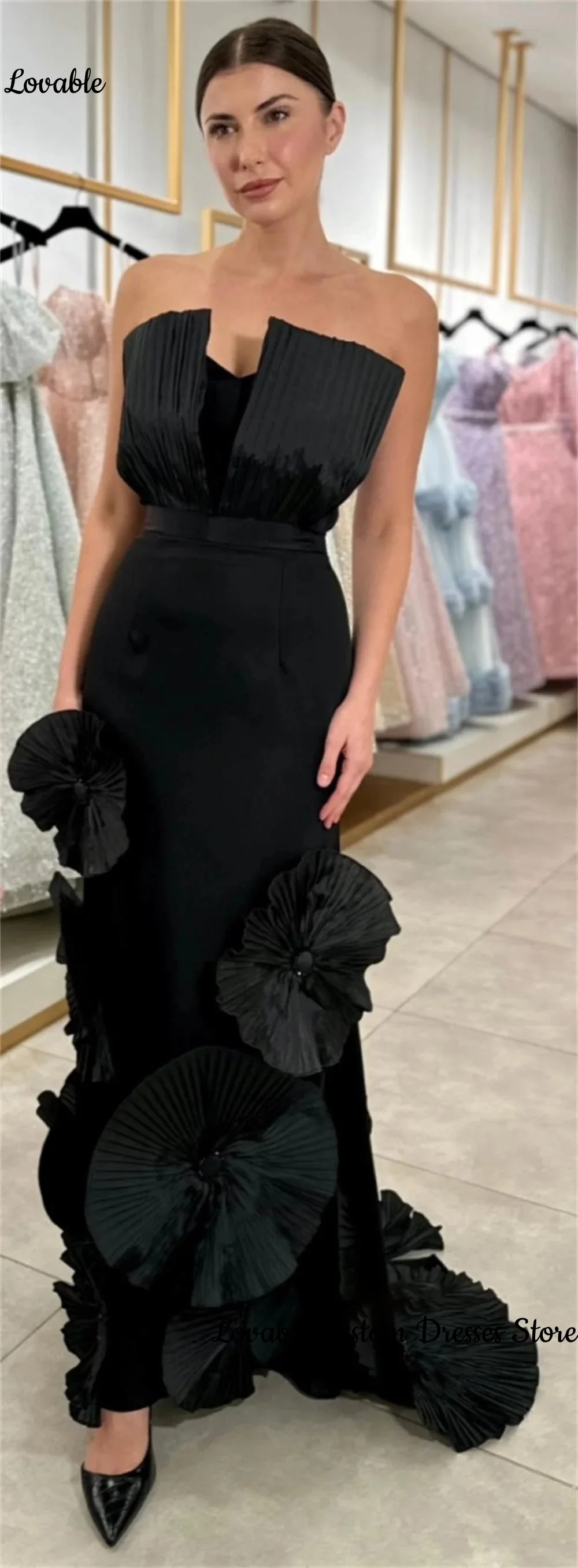 Customized Prom Dresses Black Strapless Column Floor Length Evening Dress Sleeveless Hand-Made Flowers Formal Occasion Dresses