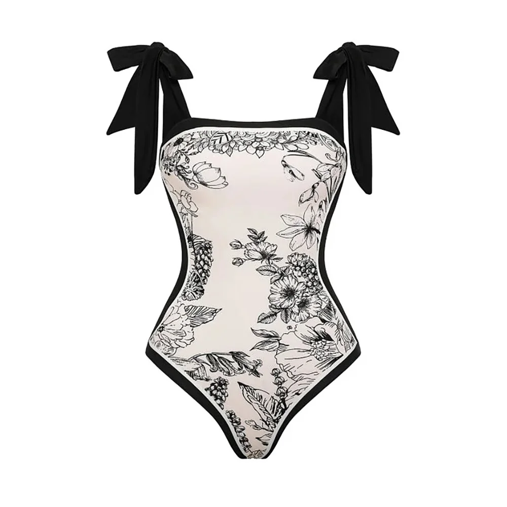 

2023 New One-piece Swimsuit High Waist Bikini with Straps Retro Double-sided Printing Swimwear for Women