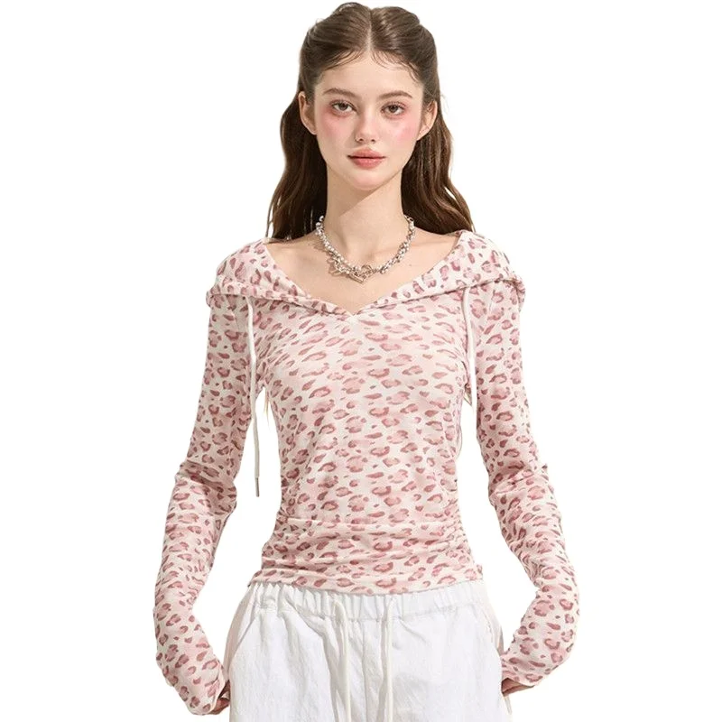 

Леопардовый принт Pure Desire Style Spice Girl, короткая футболка с капюшоном и длинными рукавами, женский тонкий и тонкий универсальный дизайн, женский топ