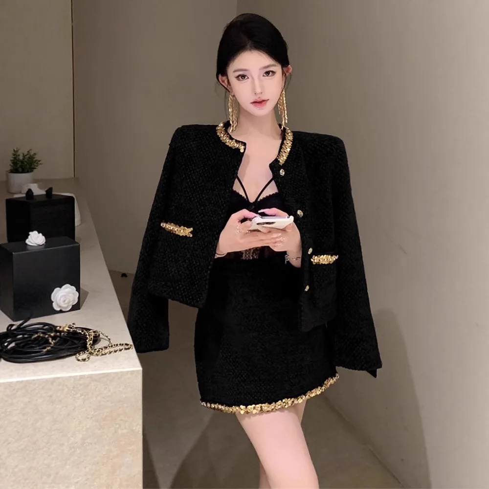 Fall High-End Korean Style Sequin Jacket And Wrap around  Skirt Two Piece Set for Rich Girls Casual Sportswear Set