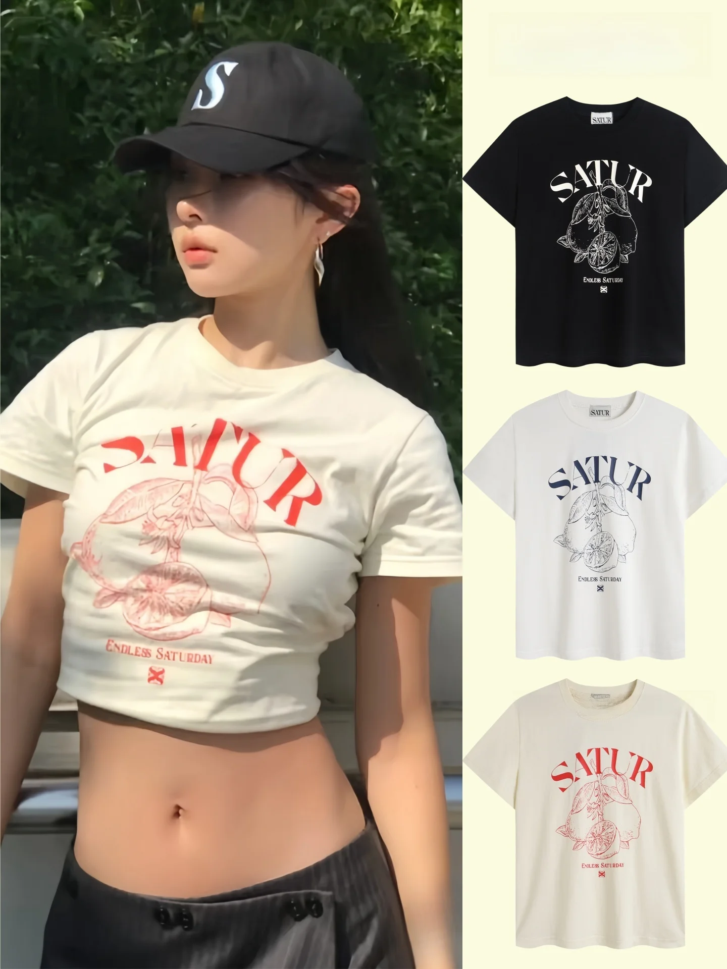 Slim Fit Short Sleeve Pure Cotton T-Shirt Lemon Heart Pattern New 2026 Women's Casual Style round Neck Short Length Top