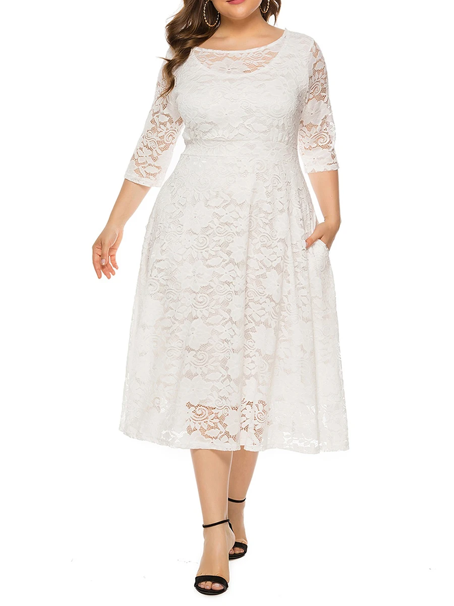 Sukienka midi z koronki w kwiaty, z kieszeniami, rękawami 3/4, dekoltem okrągłym, plus size, idealna na plażę, imprezę lub wieczór, zwiewna.