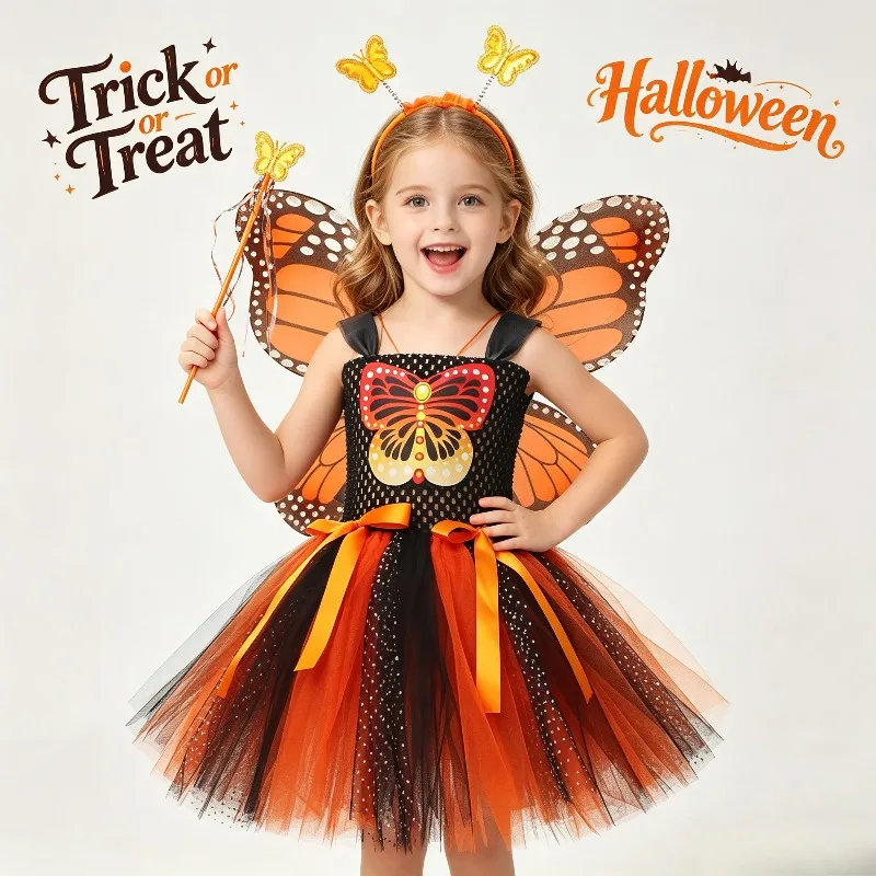

Monarch Butterfly Fairy Tutu Dress, Halloween Cosplay Costume Tulle for Holiday Birthday Party Stage Performance Fancy Outfit