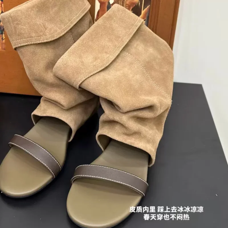 Pleated Womens Shoes for Ladies Round Toes Flat Heels Crossover Strap Female Sandals Boots PU Leather Zapatos De Mujer Sewing