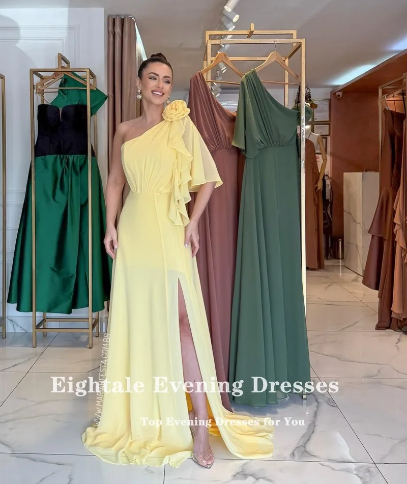 Eightale Arabisches Abendkleid mit einer Schulter, maßgeschneidert, Chiffon, gelb, 3D-Blumen, bodenlang, A-Linie, Abschlussball, Hochzeit, Partykleid