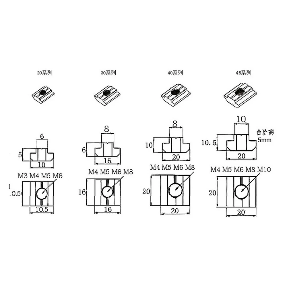 10-50Pcs M3 M4 M5 M6 M8 M10 T Block Square Nuts T-Track Sliding Hammer Nut for Fastener Aluminum Profile 2020 3030 4040 4545