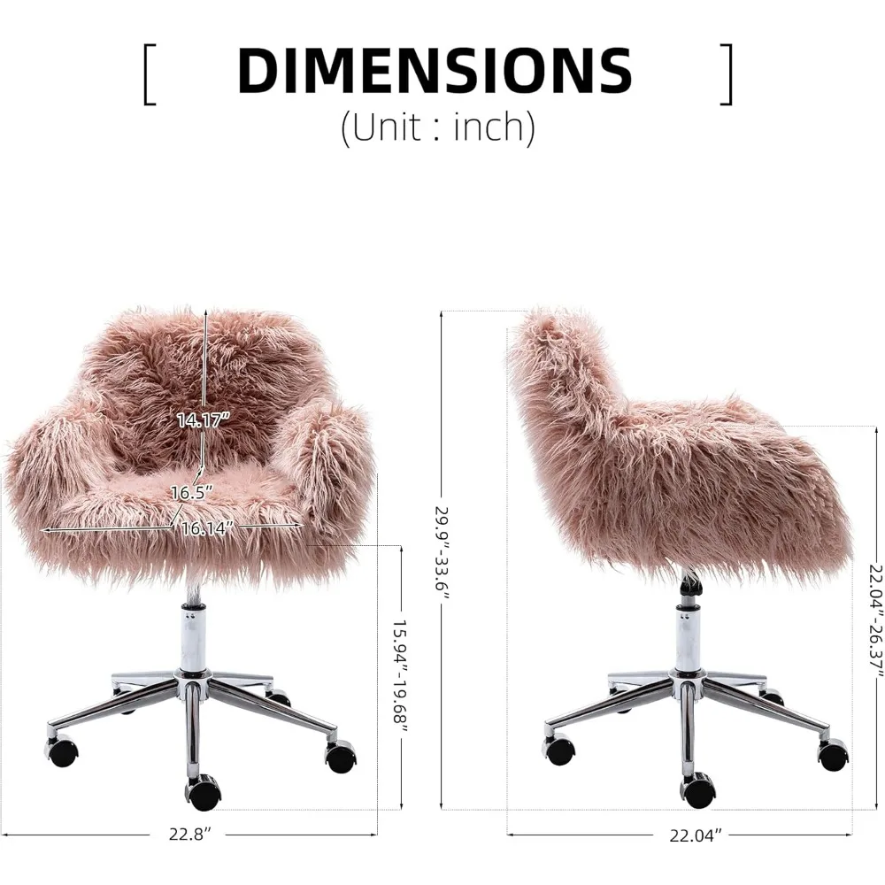 Fluffy Office Desk Chair, Faux Fur Modern Swivel Armchair with Wheels, Soft Comfy Fuzzy Elegant Accent Makeup Vanity Chairs