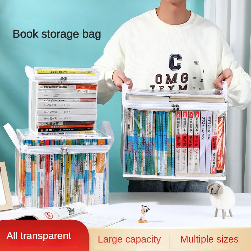 Book Organizing Bin Box Student Classroom Dormitory Foldable Portable Transparent Household Large Capacity Textbook Storage Bag