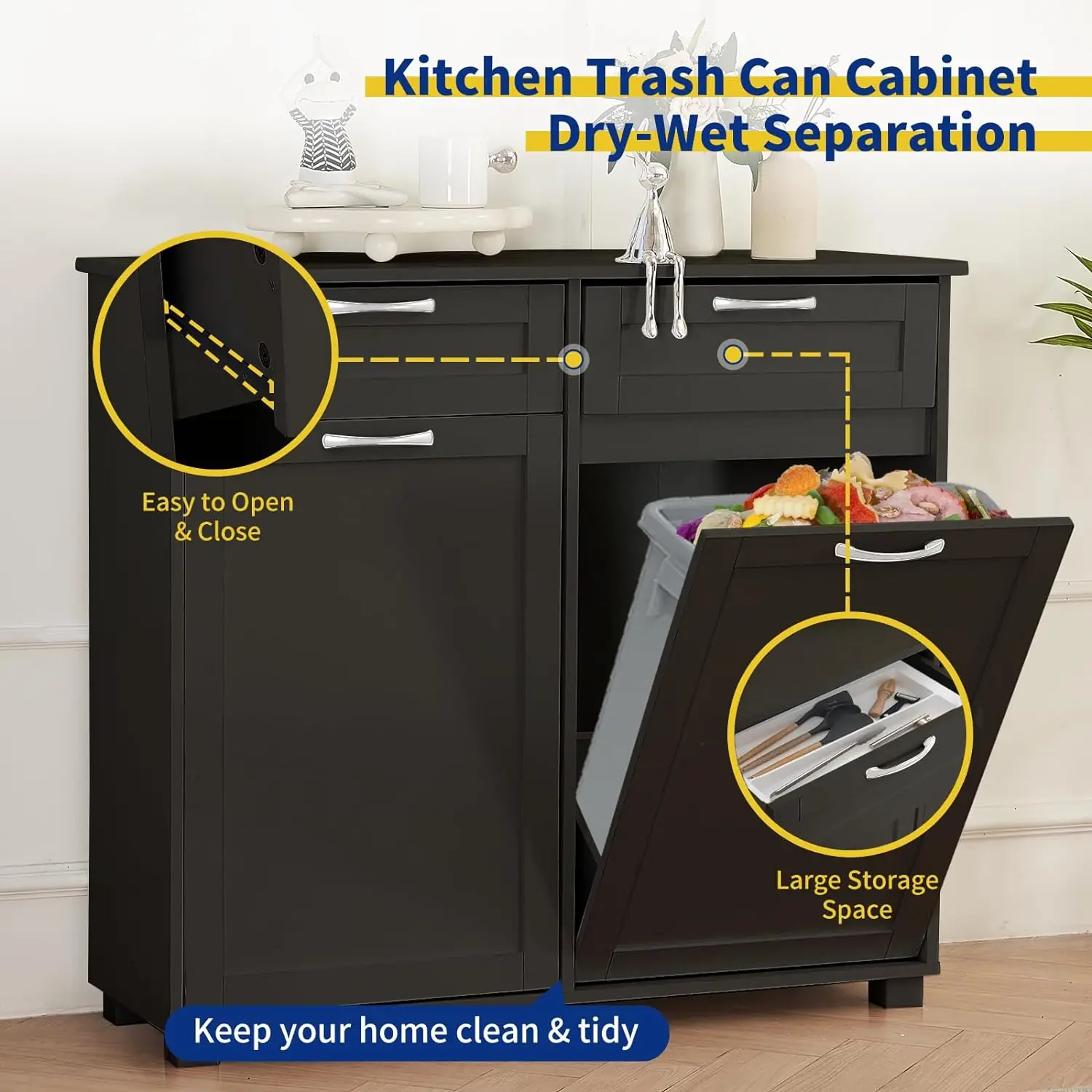 Double Tilt Out Trash Can Cabinet Dual Kitchen Trash Cabinet with Countertop and Drawer Free-Standing Pet Proof