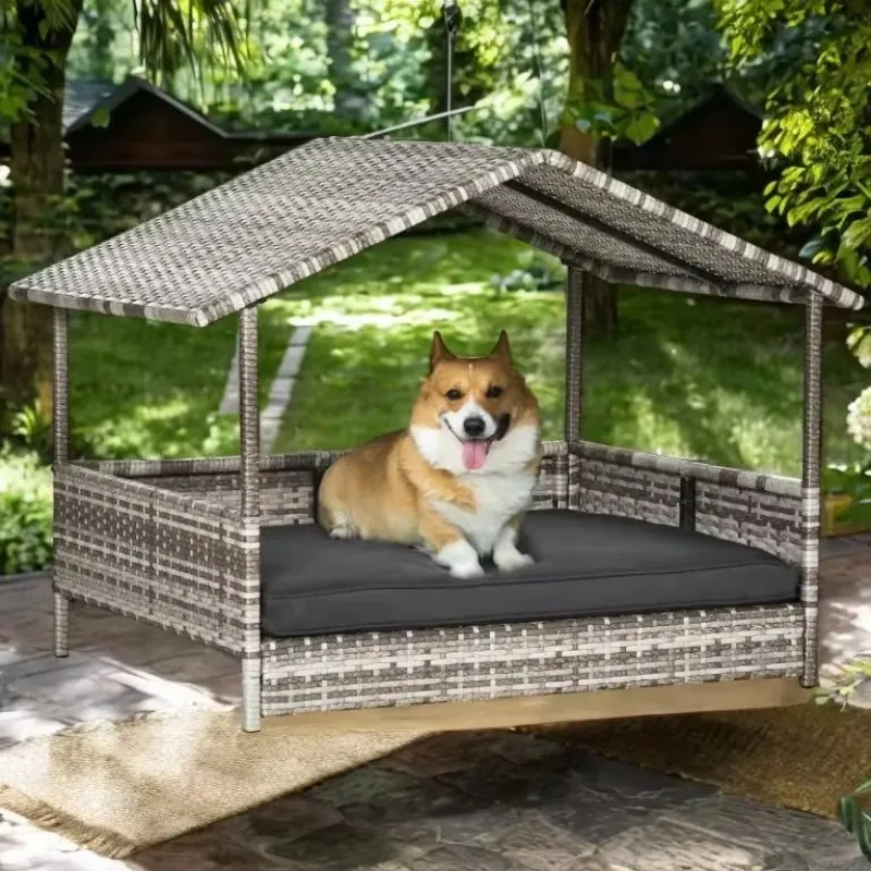 Human Dog Bed with Canopy, Cave Dog Bed, Camas para Perros, Durable PE Rattan, Elevated Bottom for Moisture Protection