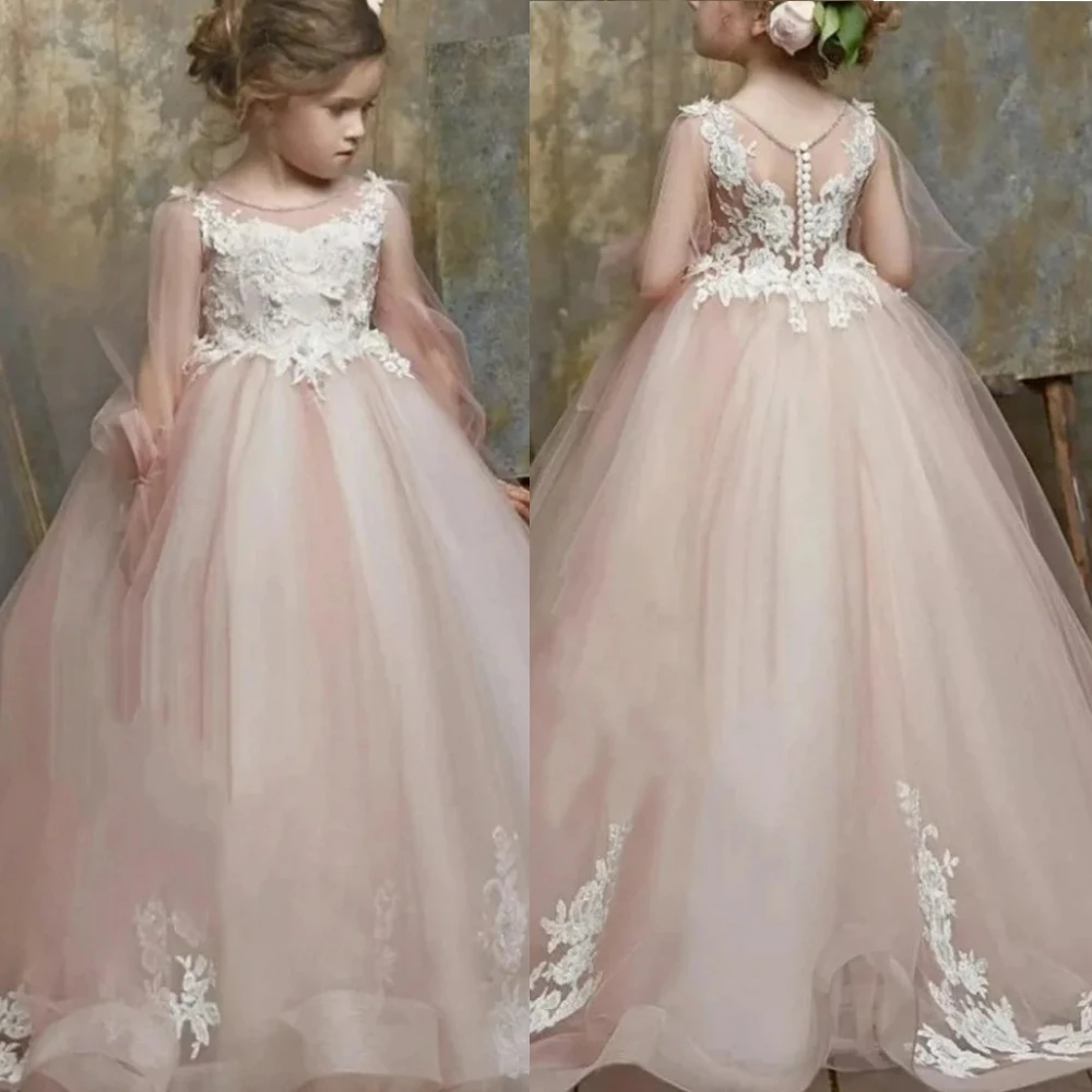 Abito da ragazza di fiori in chiffon bianco con applicazioni di pizzo tulle rosa gonfio per matrimonio, regalo di compleanno per bambini, festa, banchetti, abiti da principessa