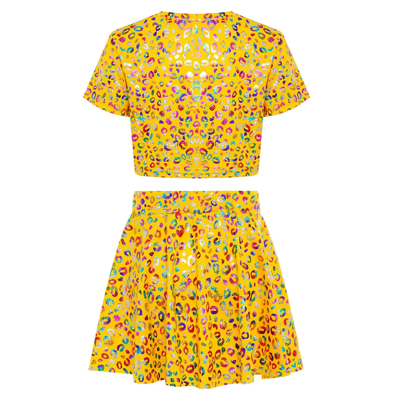 

Kids Girls Leopard Print Cheerleading Dance Outfit Short Sleeve Shiny Metallic Crop Top with Ruffled Skirt Jazz Street Dancewear