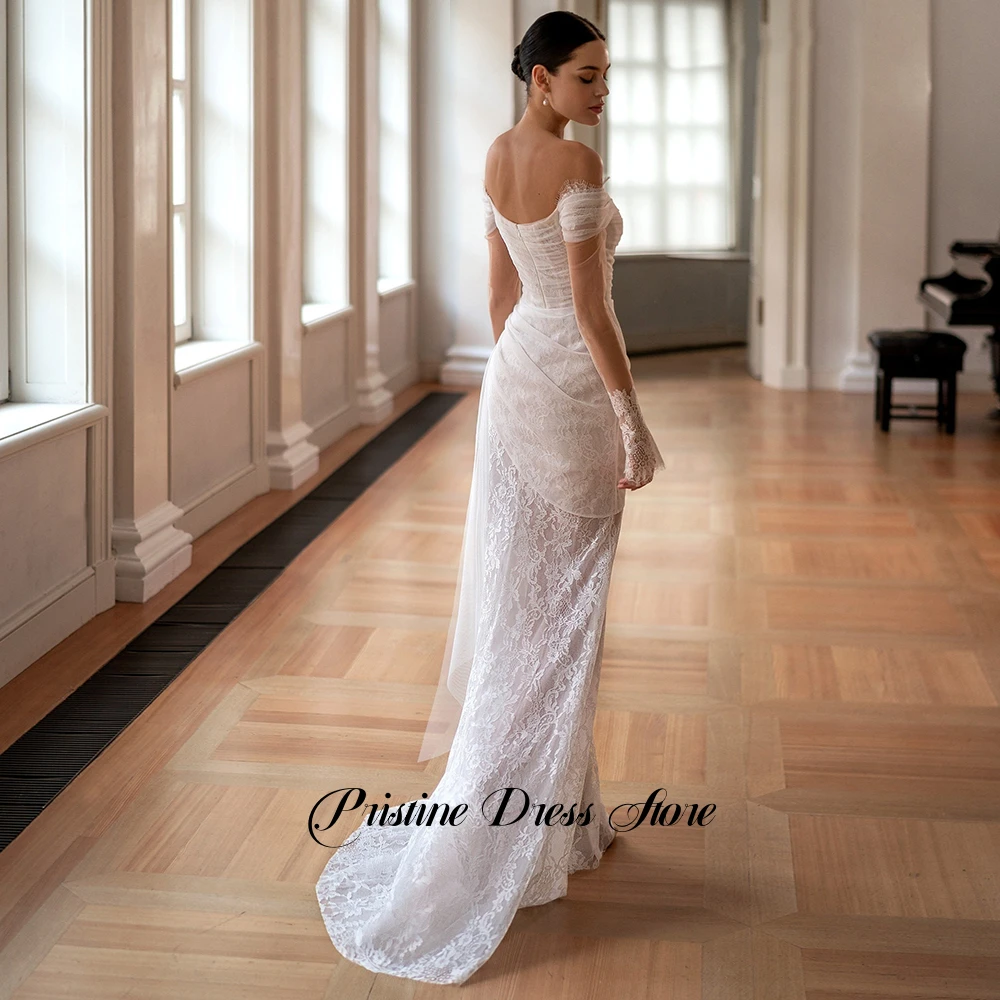 Romantic Lace Sheath Wedding Dress Tulle Off the Shoulder Court Train Zipper Back Customized Bridal Gowns Vestidos De Novia