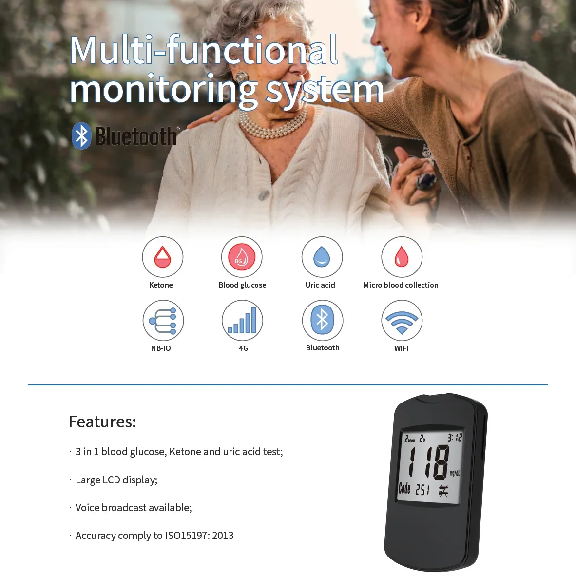 Blood glucose Ketone And Uric acid Test Large LCD display Meter Glucometer Kit Diabetes Blood Ketone Tester 3 in1 Multifunction