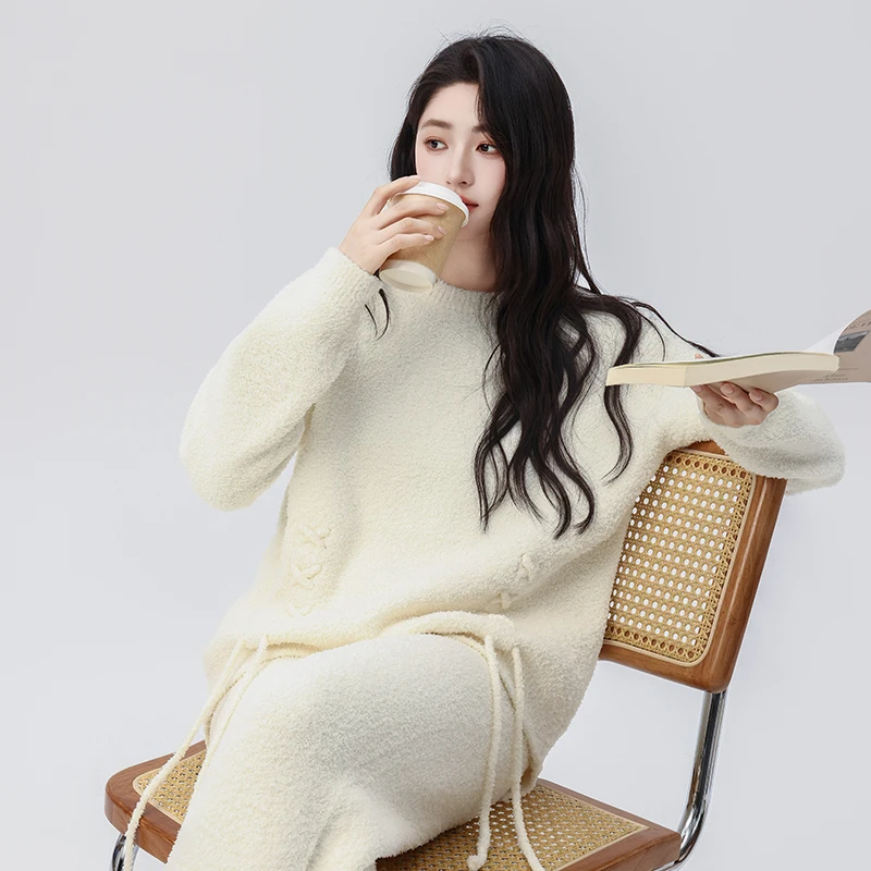 Pijama informal con cordones de color puro para mujer, dulce otoño e invierno, se puede usar afuera, se puede usar en casa