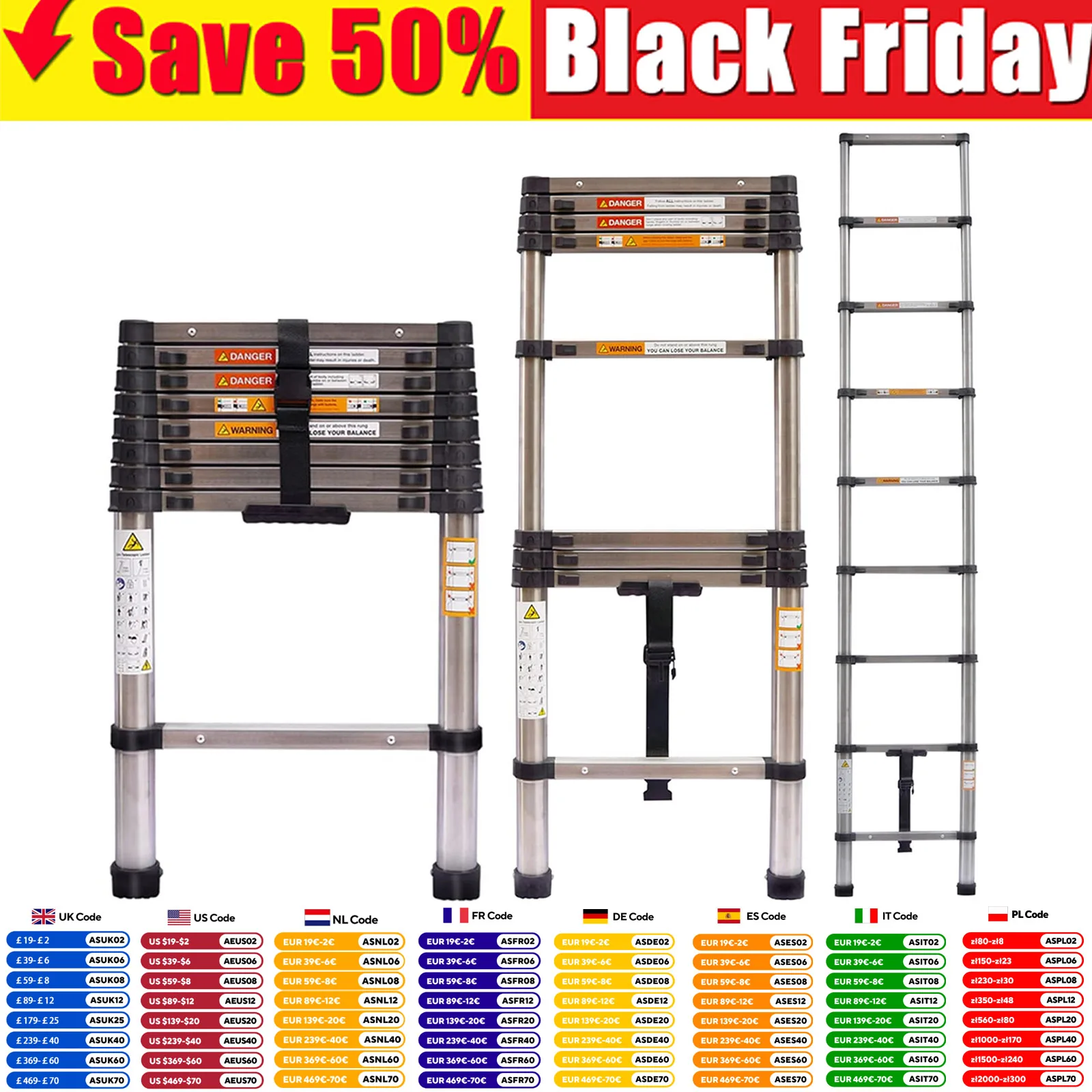 2,6 m Teleskopleiter, 8,5 Fuß, Mehrzweck-Teleskopleiter aus Edelstahl, ausziehbar, robust, robust, Loft-Leiter EN131 AAA