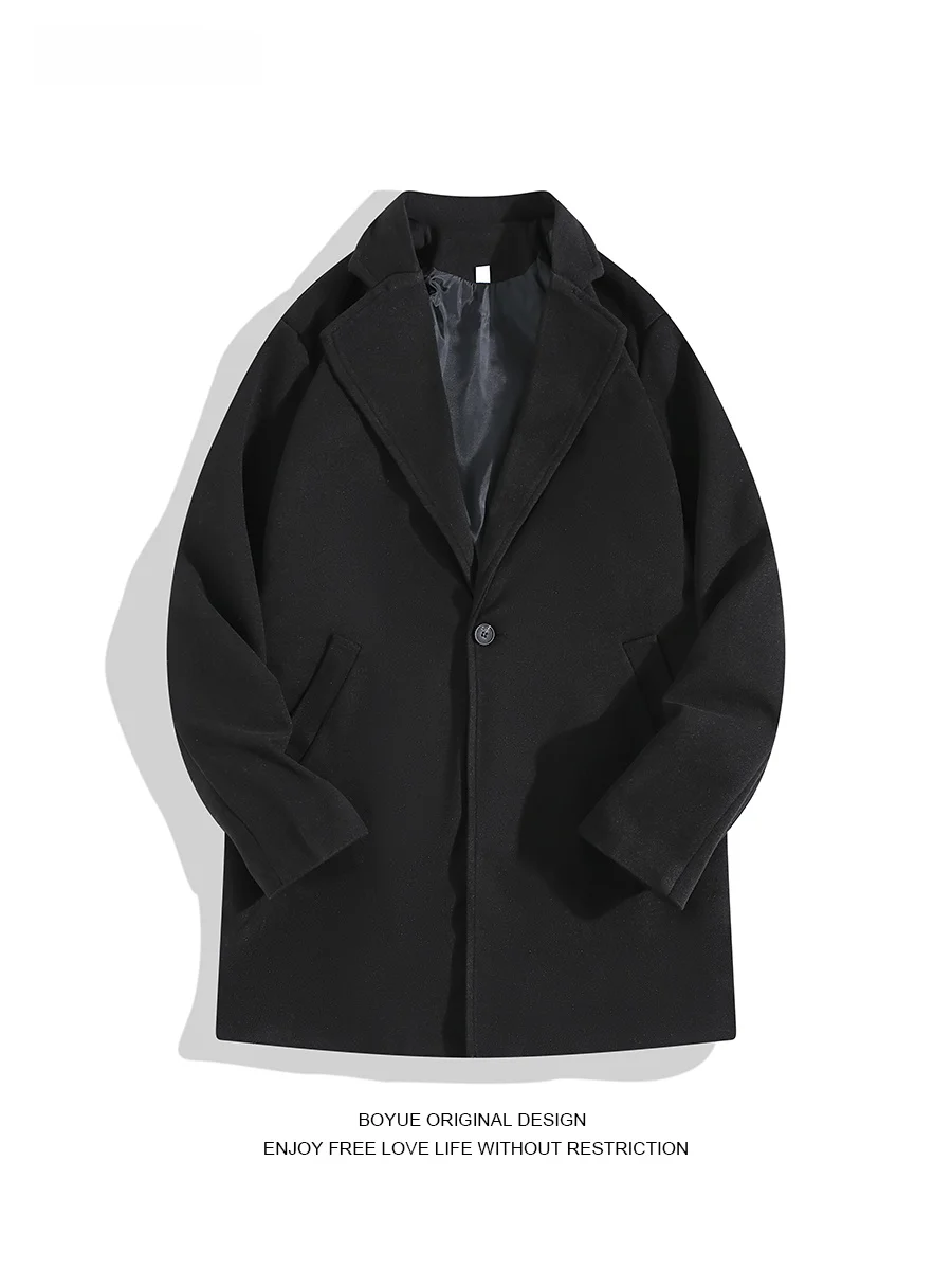 

Boyue Korean Sle Woolen Coat Men's Loose Casual Faionable Mid-Length Ins Jaet Pure Color Suit Collar One-Button Winter ...