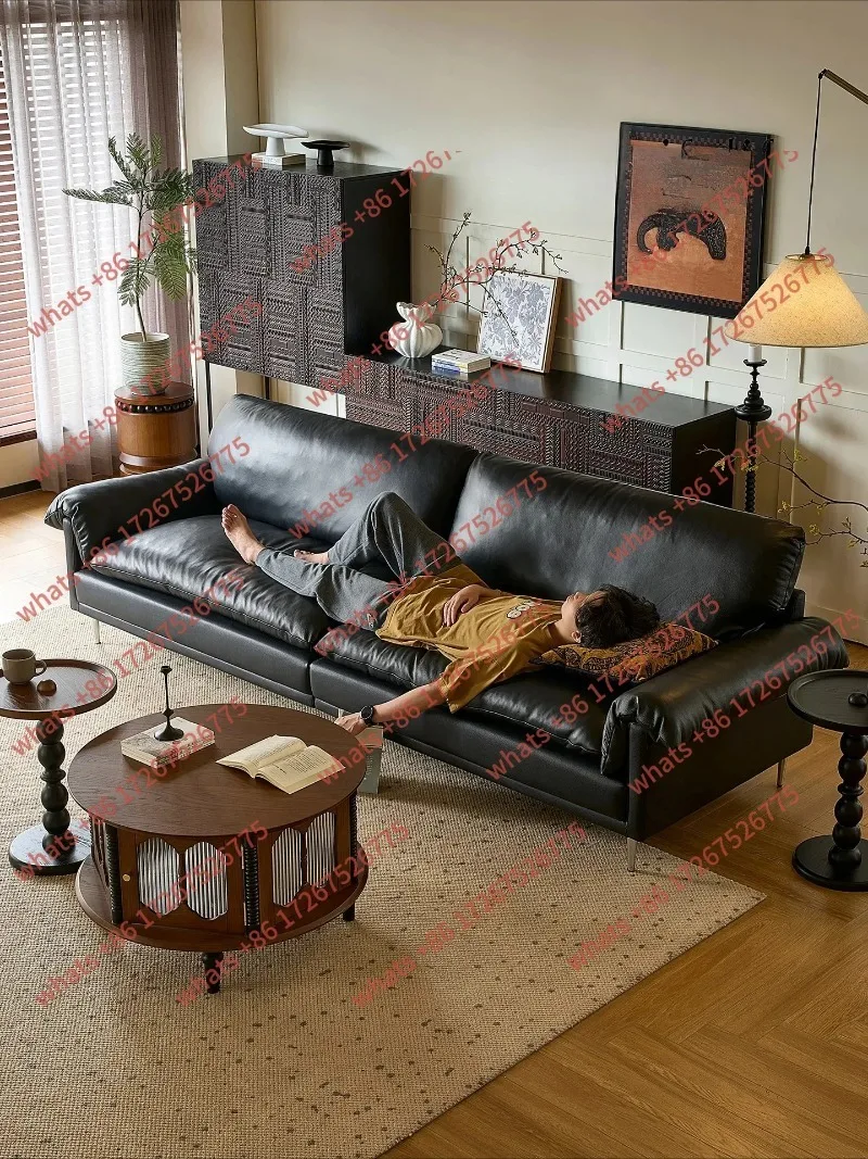 A New Italian retro leather sofa small apartment living room oil wax leather black one-word straight row moderate sitting
