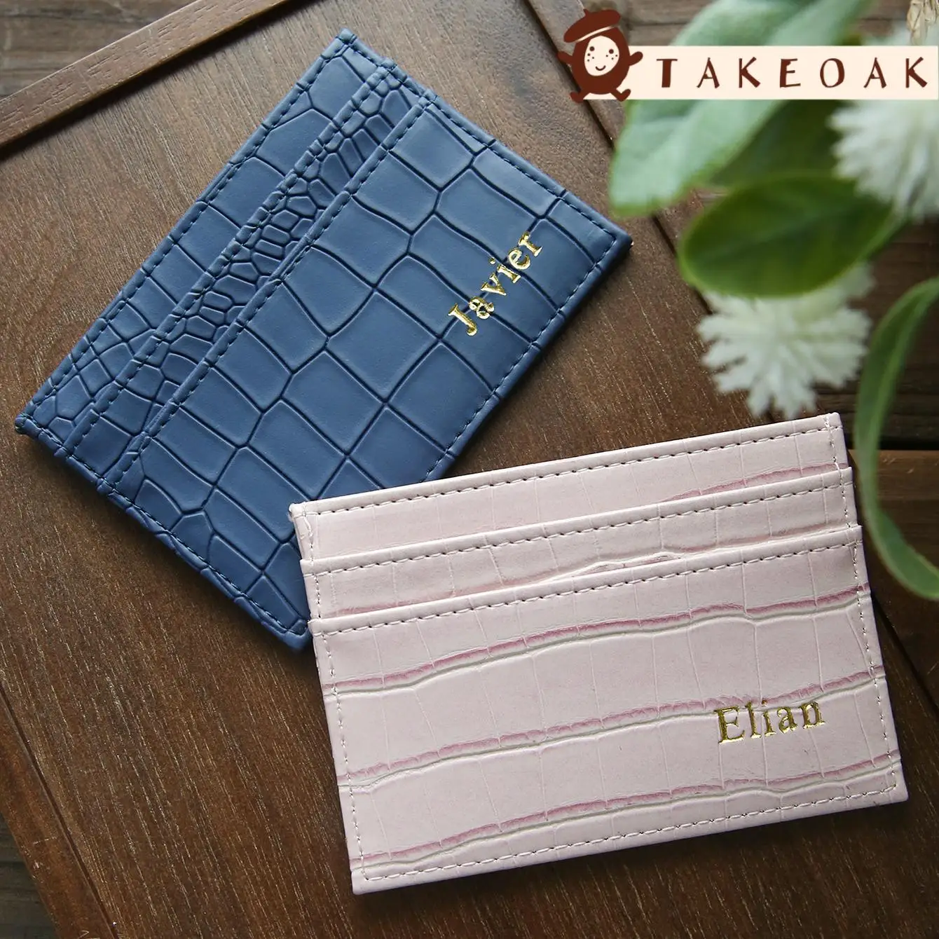 Custom Name Faux Crocodile Leather Card Holder Alligator Texture Slim Card Wallet Hot Stamping Name Chic Card Leather Wall