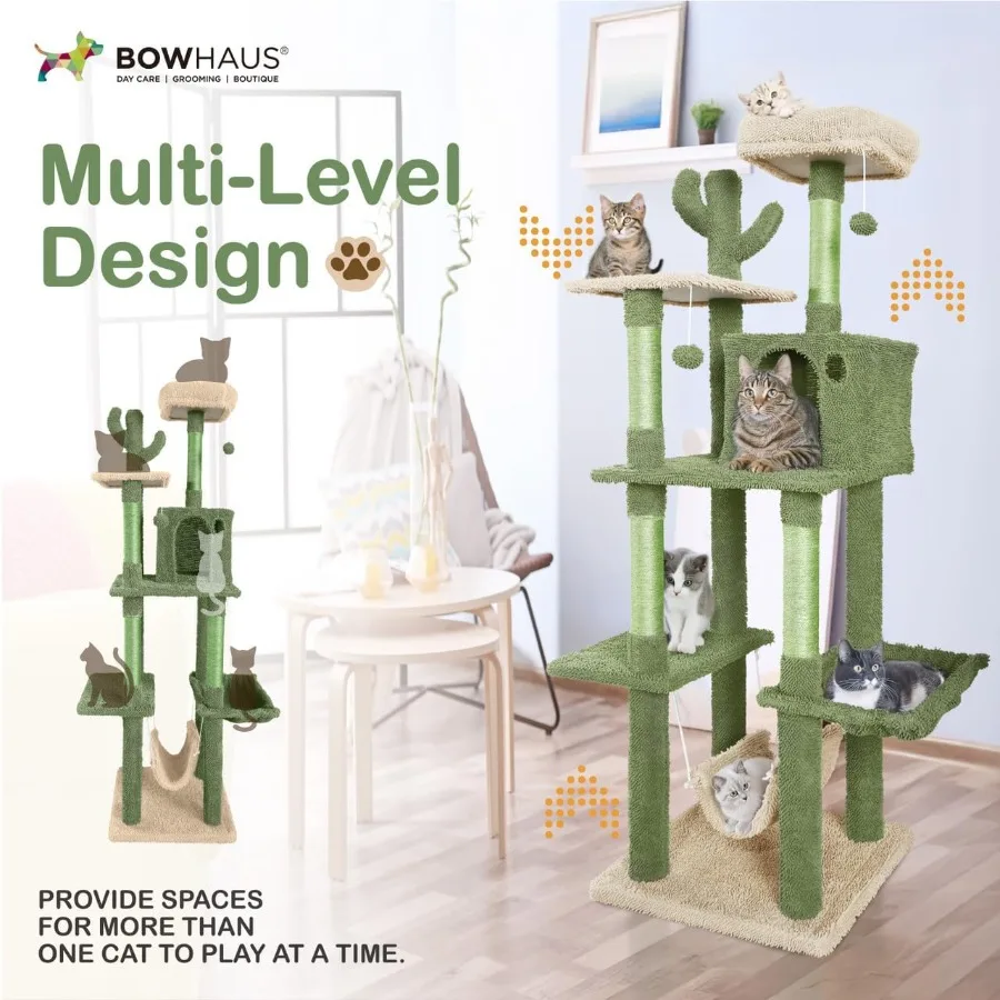 Cactus Cat Tree Multi-Level Cat Activity Tree with Plush Perch Scratching Posts and Ramp Cat Cave Condo for Large Cats and Kitt