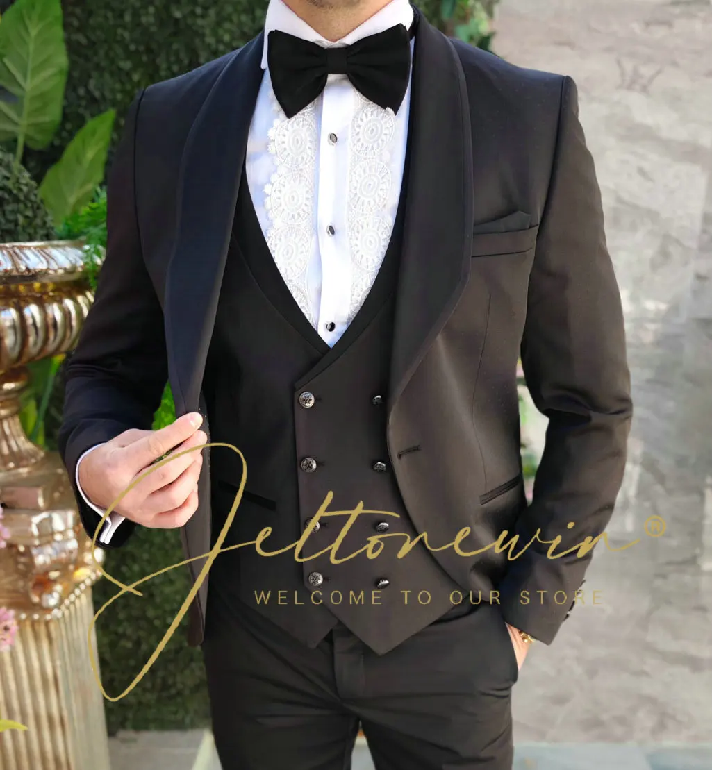 Slim Fit Men's Suit 3 Pieces Black Jacket Vest Pants Tuxedos Prom Wedding Dress Dinner Formal Men Suits traje de hombre elegante