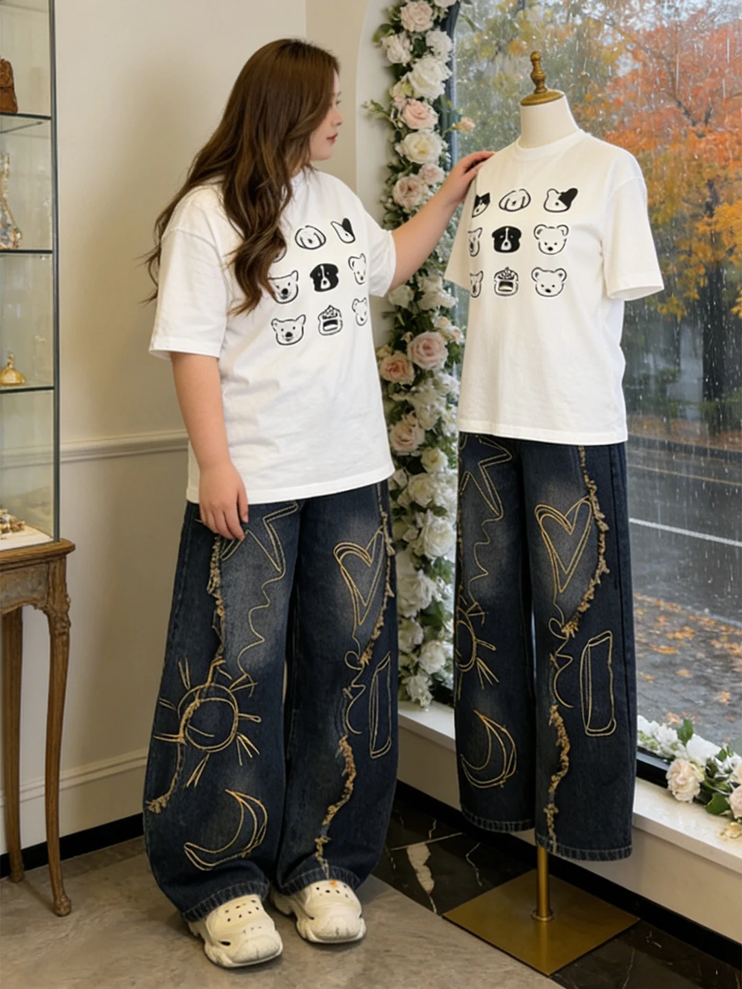 

Retro Embroidered Frayed Workwear Denim Jeans Women's Loose Fit plus Size Slimming Wide Leg Pants Spring New Sle 300 Pou