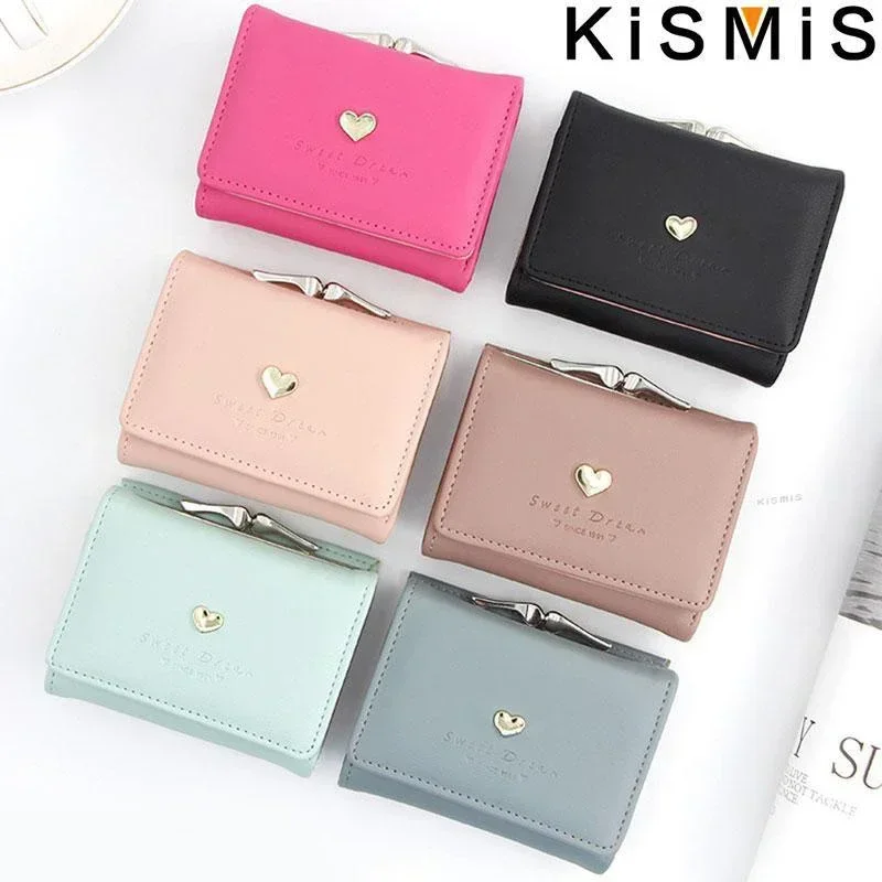 Korean Wallet Women Trifold Purse PU Leather Heart Decor Cute Card Holder Mini Coin Purse Fresh Style Compact Clutch