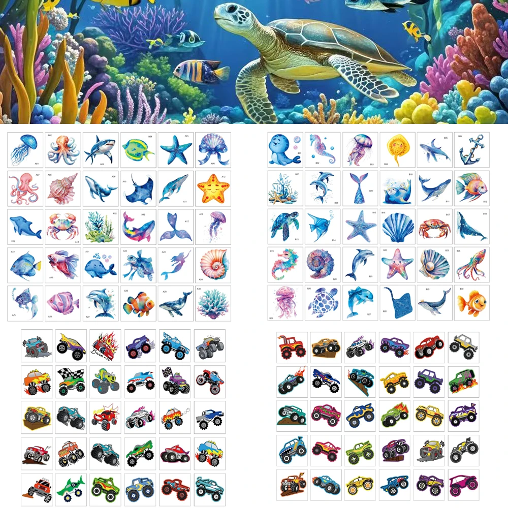 30Pcs/set Colorful Marine Whale Shark Dolphin Temporary Tattoo Stickers Monster Truck Tattoo For Birthday Party Body Art Sticker