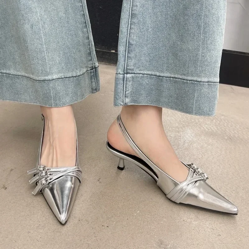 Pointed Toe Women Sandals 2024 New Arrivals Fashion Elastic Band Party Dress Shoes Woman Thin Mid Heels Red Black Silver Fashion