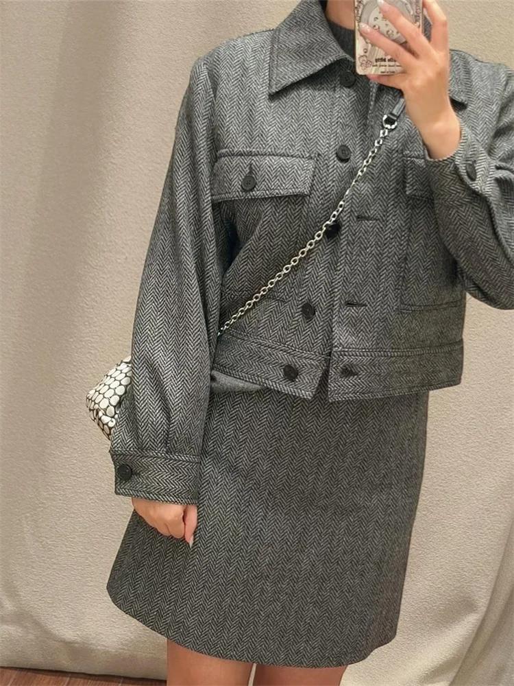 Women Turn-Down Collar Single Breasted Short Jacket or A-Line High Waist Mini Skirt Wool Blends Herringbone Coat +Short Jupe