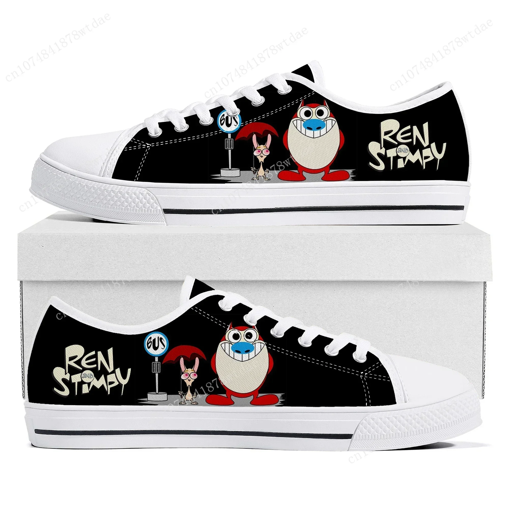 Anime Cartoon Stimpy Comic Manga Ren Low Top Sneakers Womens Mens High Quality Canvas Sneaker Couple Custom Made Shoes