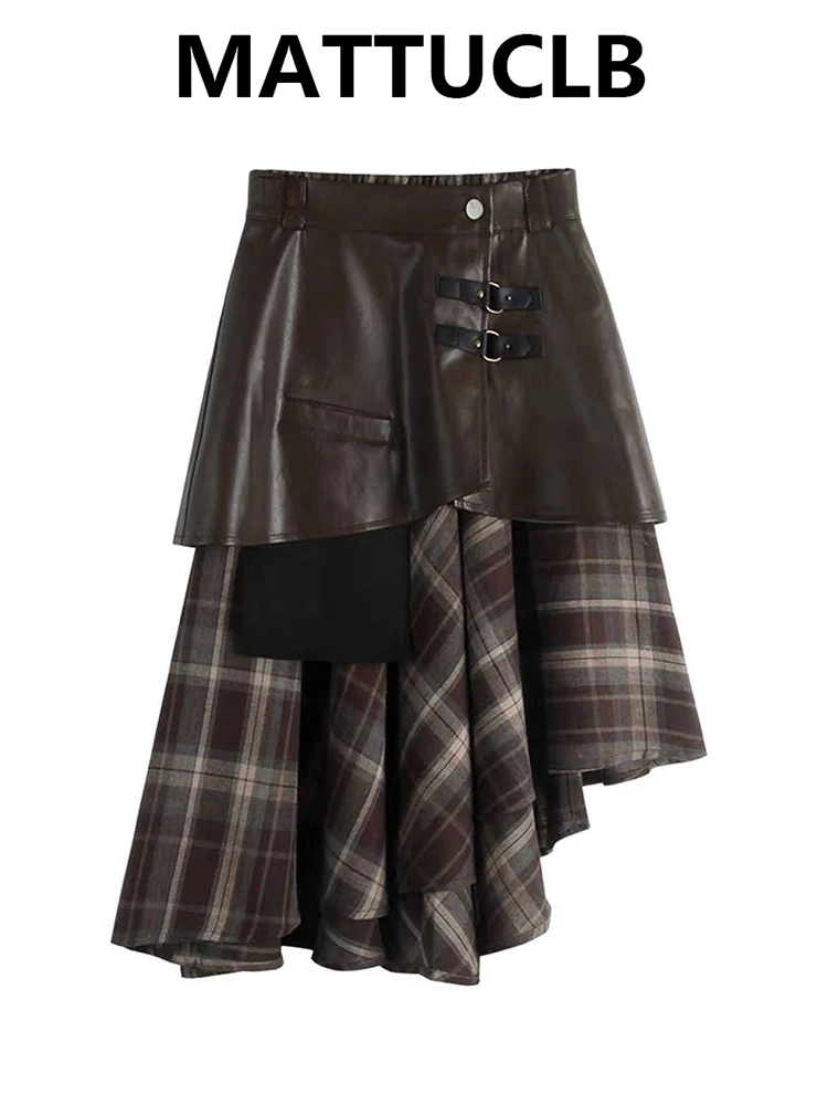 Women's Midi Plaid Skirt A-line Two Piece Sets Design Korean 2000s Aesthetic College Style Irregular Skirt Y2k Preppy Skirt New