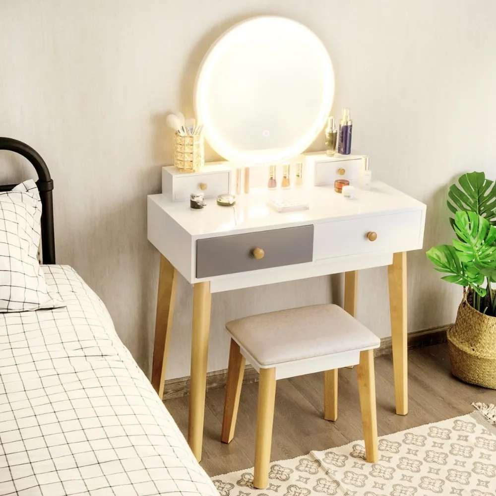 Vanity Set with Lighted Mirror, 3 Lighted Modes Touch Screen Dimming Mirror, Makeup Dressing Table with 4 Drawers and Stool