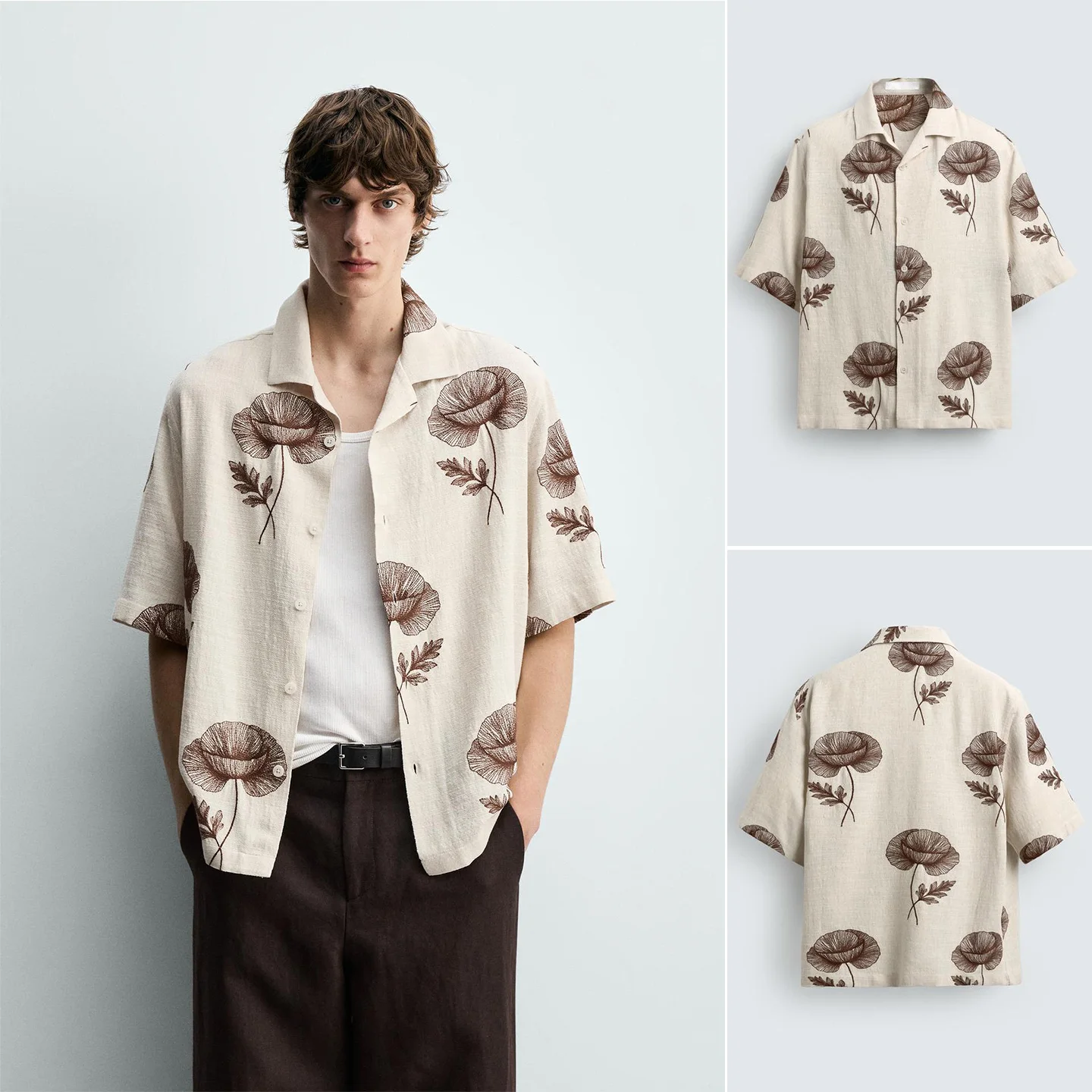 

Summer New Men's Casual Loose Floral Collar Short Sleeve Color Block Embroidery Shirt Polyester Fiber Breathable Comfortable