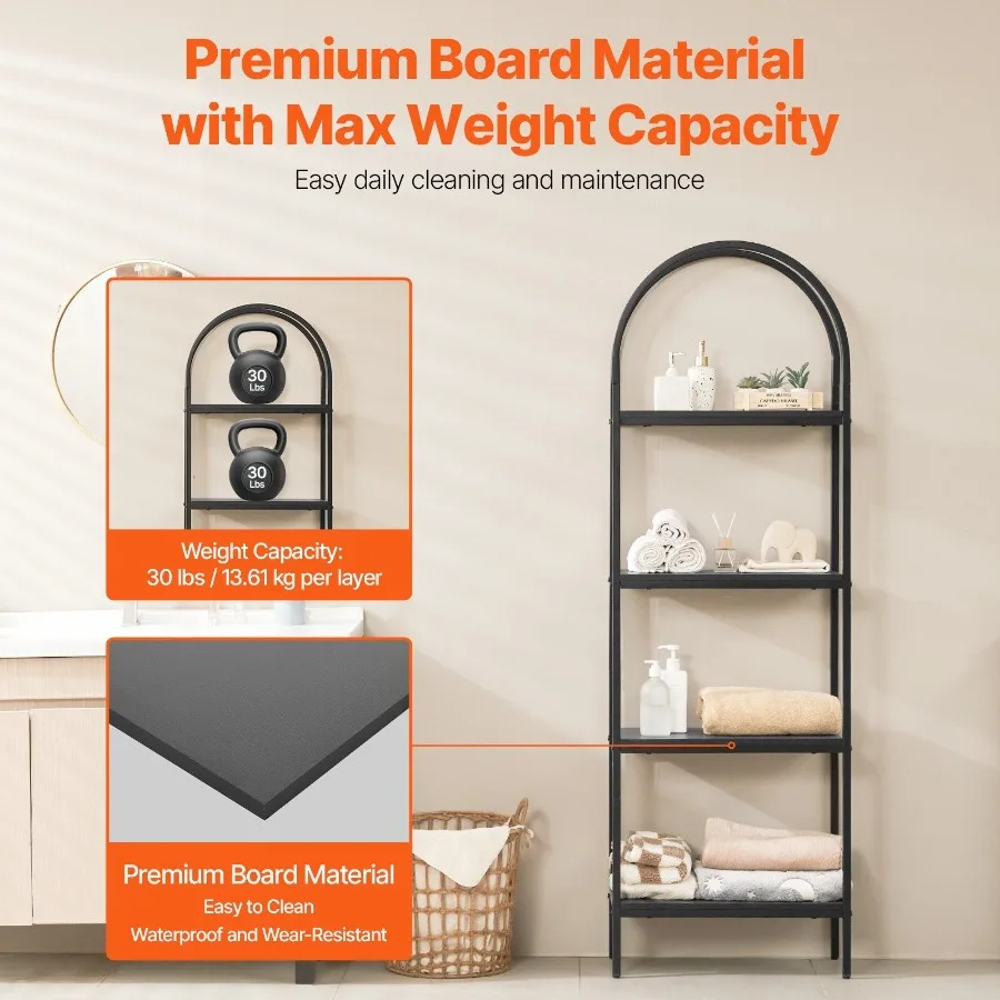 Metal Bookshelf 4Tier Arched Industrial Bookshelf Small Rustic Vintage Storage Bookcase with Open Shelves Freestanding Display