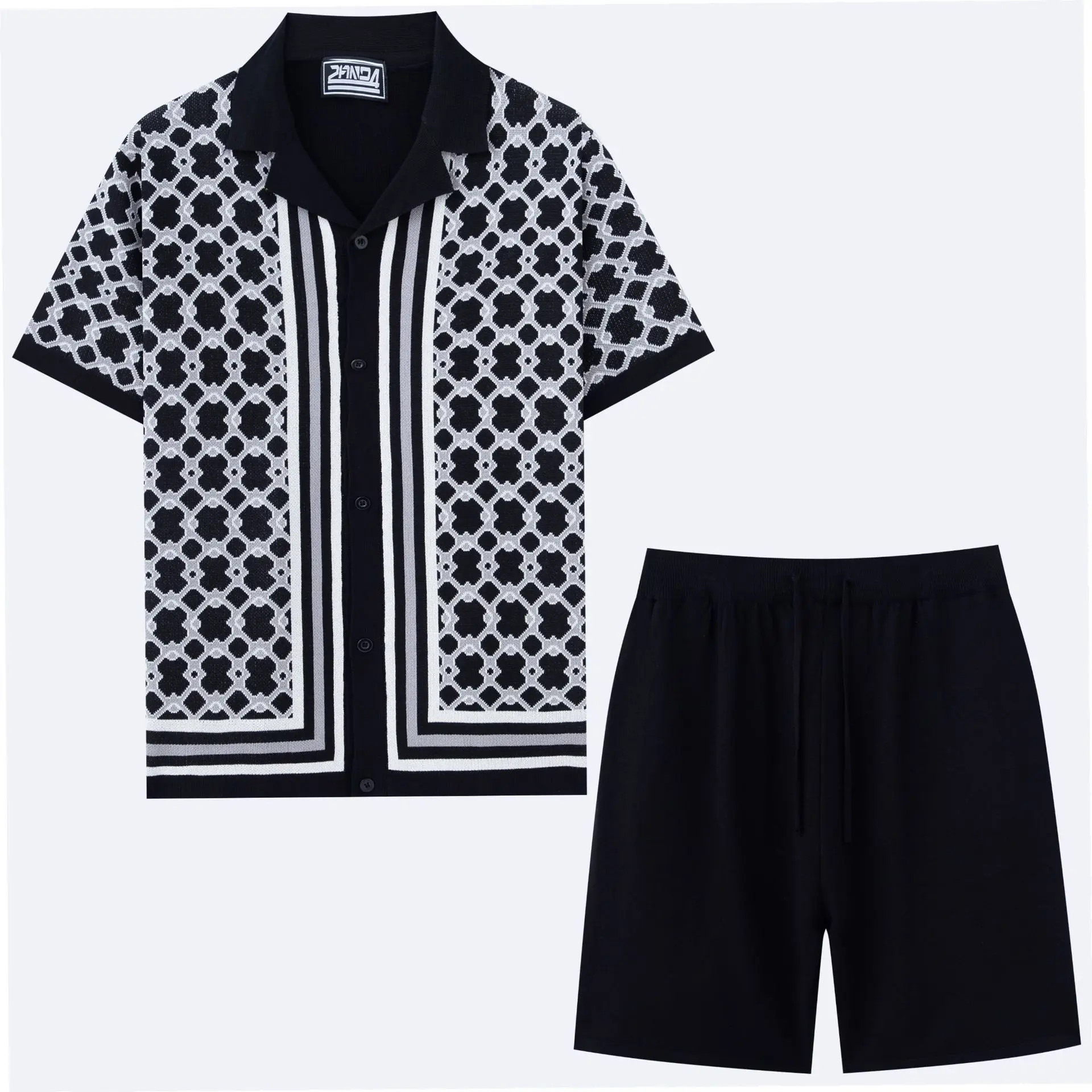 New Fashion Men's Knitted Casual Trendy Loose 2 Piece Sets Cuban Collar Short Sleeve Single Breasted Tops Knee Length Shorts