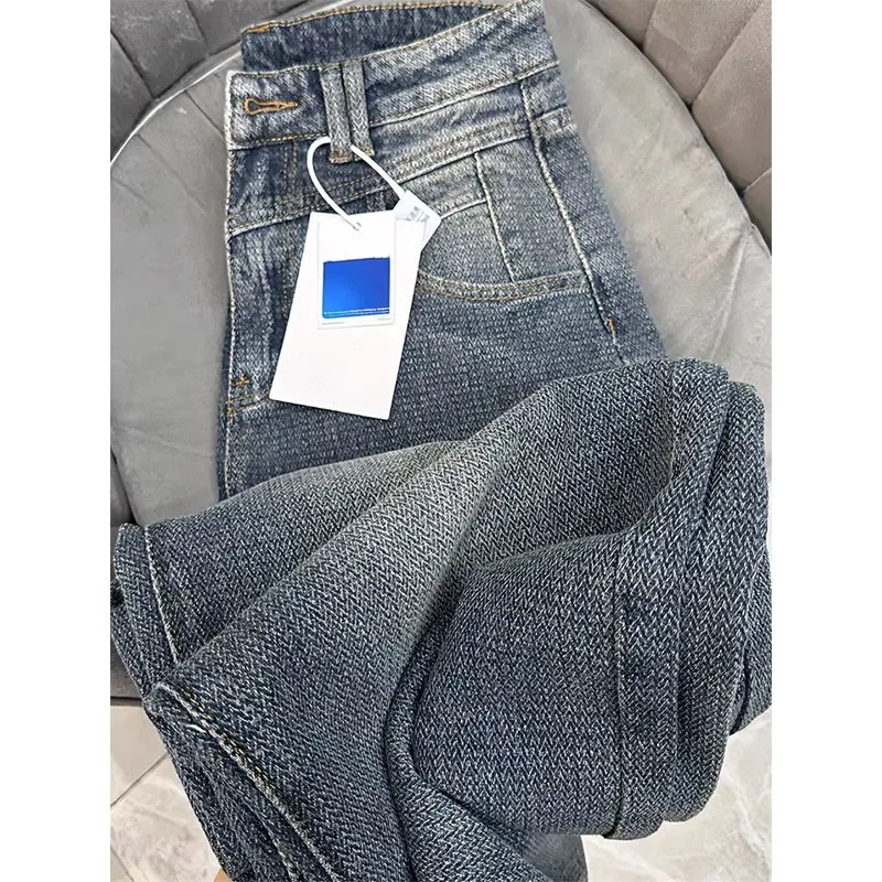 

Faionable Distred Woven Denim High Waist Wide Leg Straight Cut Trousers for Women Pear ape Slimming Autumn New Sle