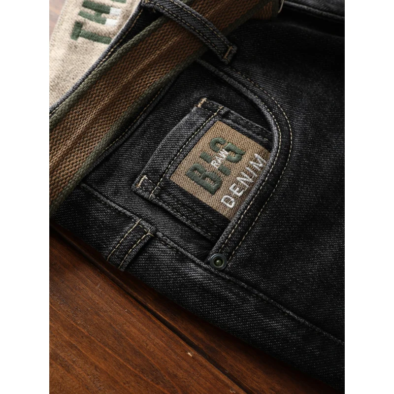 2025 الشتاء الصوف الدافئة الجينز الرجال موضة مطاطا بناطيل ضيقة التطريز عادية سماكة الرجال السراويل