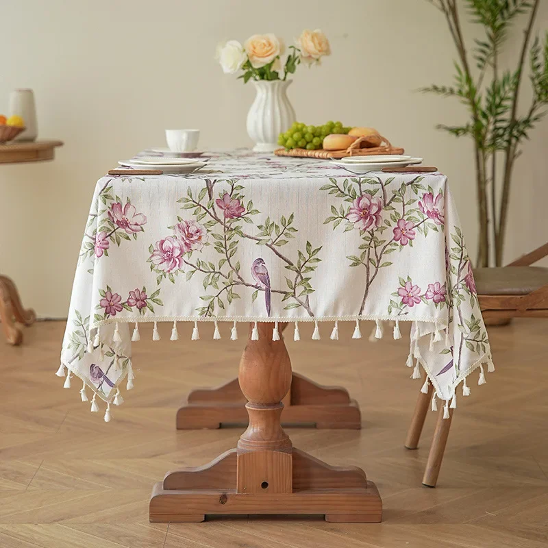 French Flower Bird Printed Tablecloth Rectangular Dining Table Coffee Tables Cloth with Tassels Home Decoration Table Towel