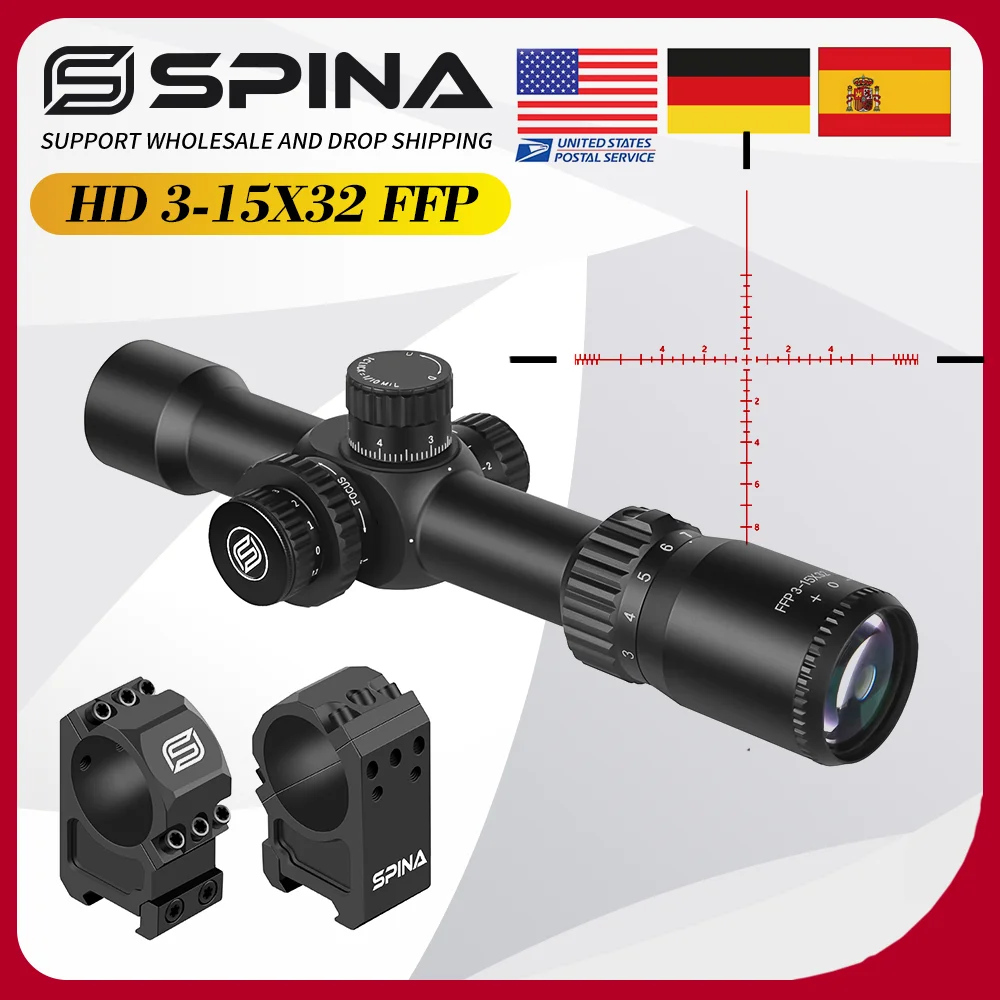 

SPINA OPTICS Компактный винтовочный прицел HD 3-15x32 FFP с боковой юстировкой параллакса 5 ярдов - бесконечность 1/10MIL, совместим с отдачей от .22LR до .308 и всеми пневматическими винтовками