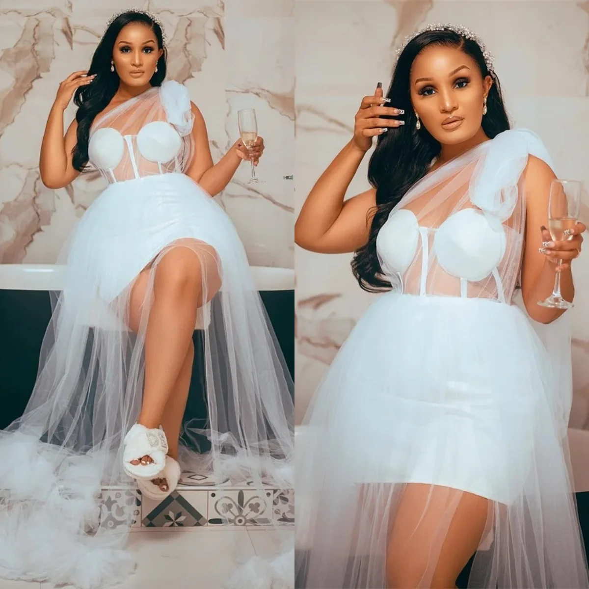 

Lace Wedding Robes Customized Photo Shoot Sexy One Shoulder See Through Tulle Long Robe
