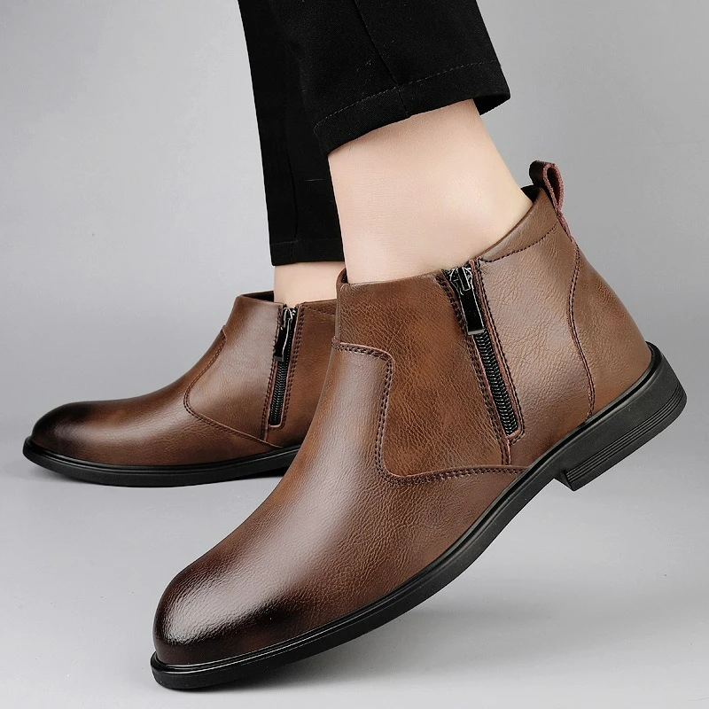 Men's Boots High-Top Chelsea Boots Fashion Business Ankle Boots Zipper Soft Sole Casual Shoes Leather Plus Size Men Shoes Botas