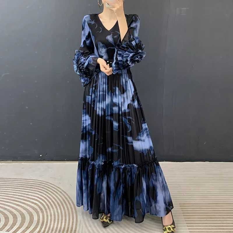 ANLAN Premium Blue Black Ink Print Pleated Maxi Dress Elegant Ruffle Sleeve V-neck Long Dress Women Formal Wear 5AN1031