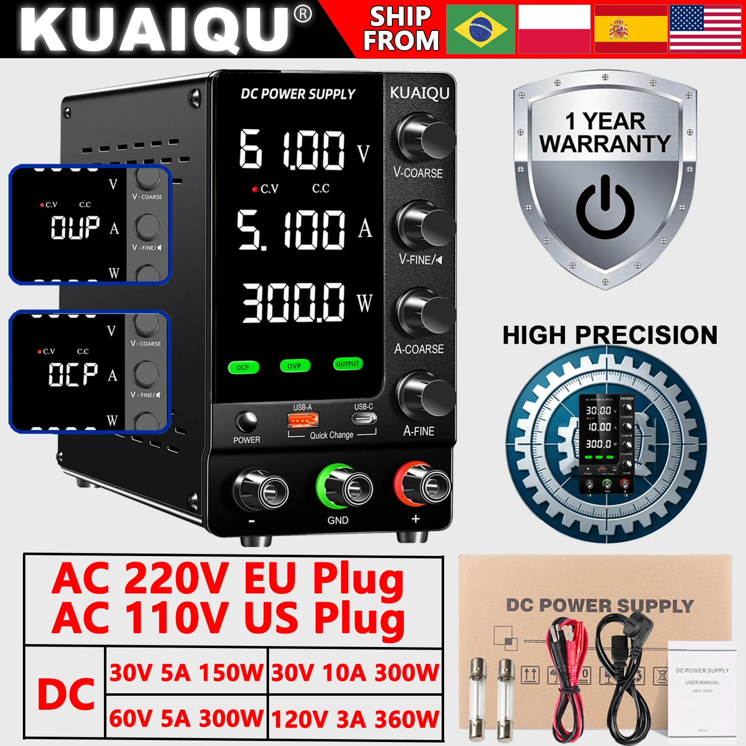 KUAIQU Adjustable Laboratory Power Supply 30V 60V 120V, DC Switching Regulated Bench Power Supply With OCP/OVP/Output/Encoder