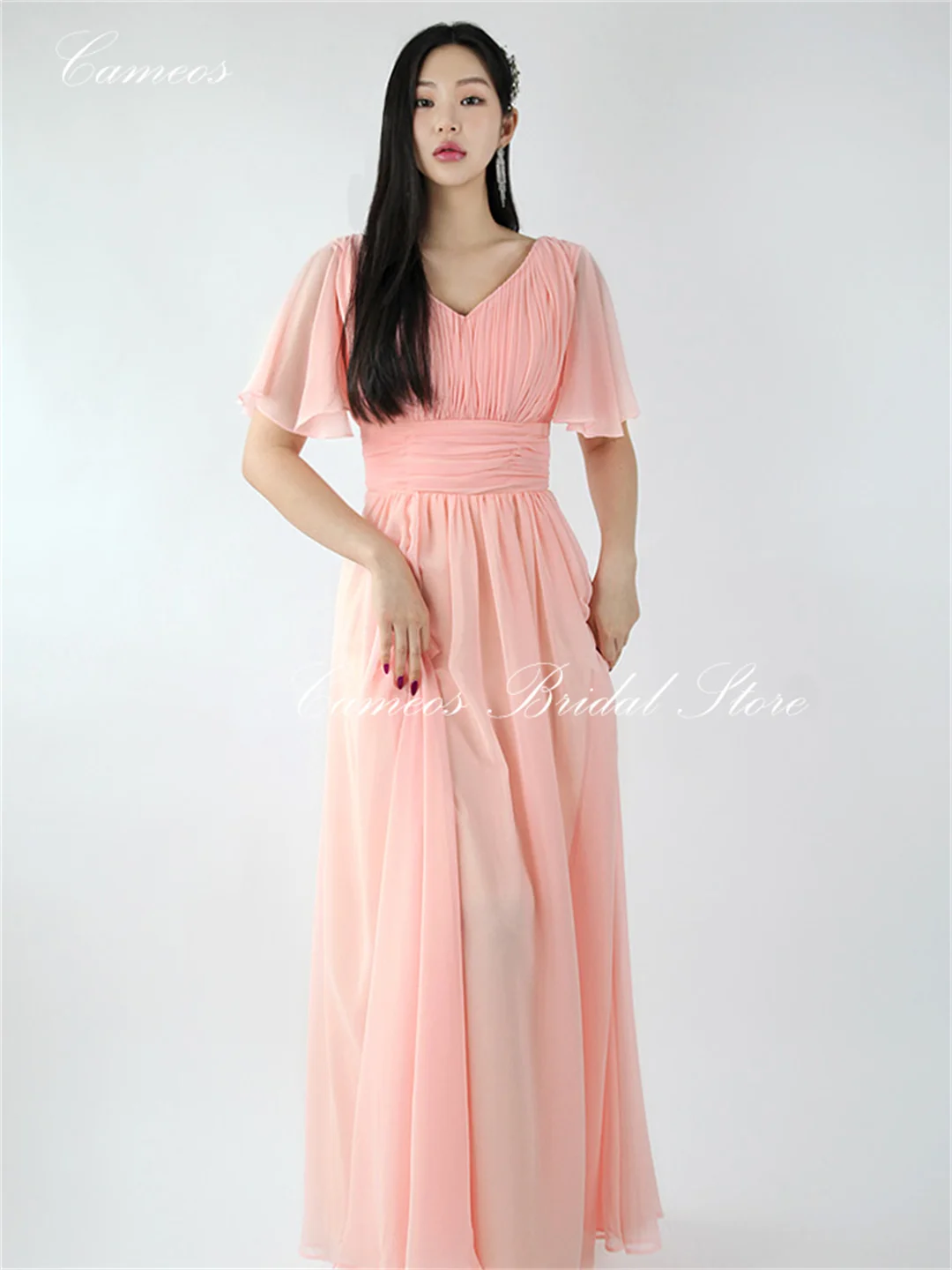 

SONDR Korean V-Neck A-Line Evening Dress Custom Made Formal Prom Dress Chiffon Ruched Pink 웨딩드레스 Occasion Party Evening Gown